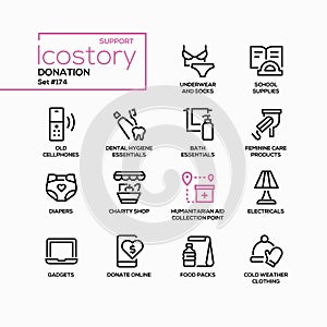 Donations and humanitarian aid - line design style icons set