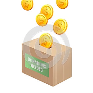 Donations needed sign on wooden box with gold coins photo