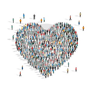 Donations and volunteering. Heart made by people mob on white background, vector illustration in flat style