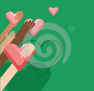 Charity concept.Donator holding heart in their hands.Vector illustration flat design.Isolated on green background. Volunteer poste photo