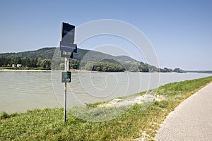 Donau river with boat and rocks