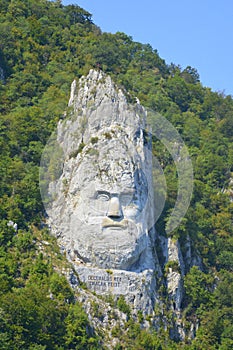 Donau river. Statue of Decebalus. Defileul DunÃ„Æ’rii, also known as Clisura DunÃ„Æ’rii, a geographical region in Romania.