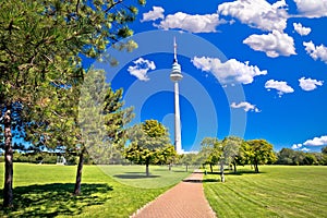 Donaupark landscape walkway and Donauturm tower view in Vienna photo