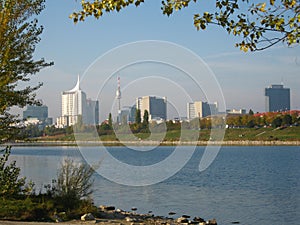Donaustadt skyline with tall apartment buildings in Danube river, Vienna - Austria