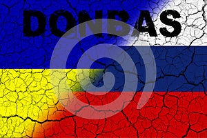 Donbas. Conflict between Ukraine and Russia. Image of the flag of Russia and the flag of Ukraine with the word Donbas written photo