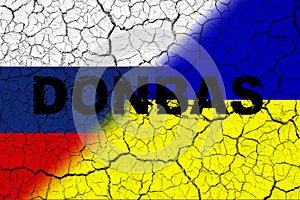 Donbas. Conflict between Ukraine and Russia. Image of the flag of Russia and the flag of Ukraine with the word Donbas written photo