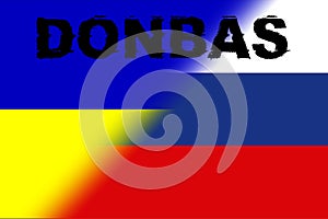 Donbas. Conflict between Ukraine and Russia. Image of the flag of Russia and the flag of Ukraine with the word Donbas written photo