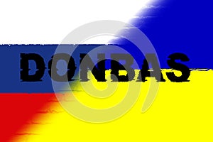 Donbas. Conflict between Ukraine and Russia. Image of the flag of Russia and the flag of Ukraine with the word Donbas written photo