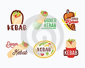 Doner Kebab Banners, Icons Set. Arabian or Turkish Restaurant Badges with Meat on Pole, Pita and Typography