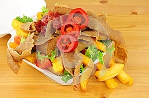 Doner Kebab Meat And Chips In A Take Away Box