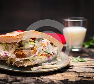 Doner kebab with meat, sauce and vegetables with a glass airan on a plate On wooden rustic background, close up photo