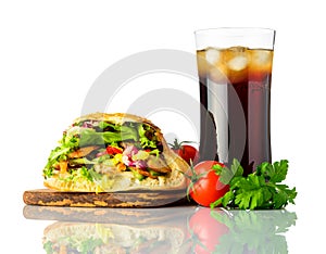 Doner Kebab Sandwich with Cold Cola on White