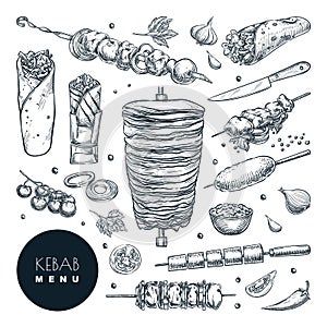 Doner kebab set. Vector hand drawn sketch illustration. Beef, lamb and chicken barbecue meat, restaurant design elements