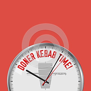 Doner Kebab Time. White Vector Clock with Motivational Slogan. Analog Metal Watch with Glass. Shawarma Icon