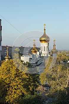 Donetsk, Ukraine, October 3, 2019 year. Trinity Cathedral, Russian Orthodox Church, Moscow Patriarchate. Day time.