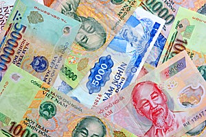 Dong Vietnam money.Vietnamese banknotes many worth.Ho Chi Minh image on  banknote
