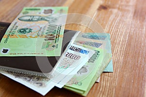 Dong Vietnam money.Vietnamese banknotes many worth.Ho Chi Minh image on  banknote photo