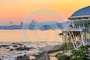 Dongbaek island and Gwangan bridge at sunset