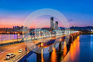 Dongjak Bridge and Han river in Seoul City , South Korea