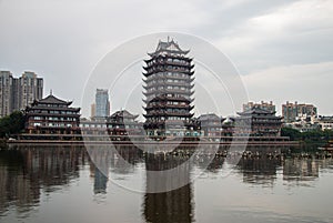 Dongpo Urban Wetland Park under a cloudy sky near the Minjiang river, Meishan city, China