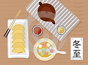 Dongzhi traditional chinese festival banner vector. Winter solstice festival. Sweet soup with and rice balls. Chinese letters mean