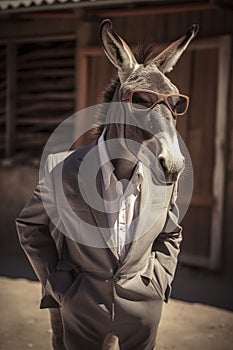 donkey animal in the form of a man in a suit and sunglasses, a joke on the boss, director, generative ai