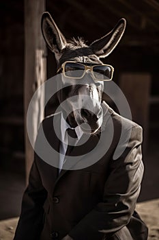 donkey animal in the form of a man in a suit and sunglasses, a joke on the boss, director, generative ai