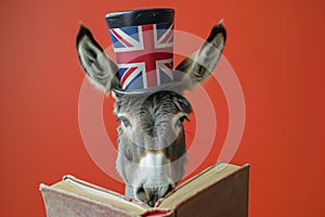 Donkey as a teacher of English language dressed in top hat with UK flag paint, reading a book.