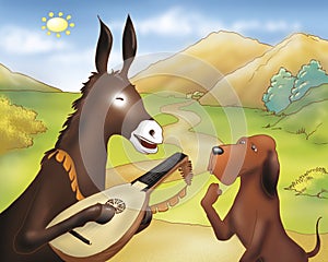 Donkey with balalaika and dog