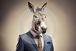 donkey in business suit on gray background, an anthropomorphic, animal character. Businessman