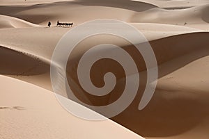 A donkey caravan is tiny on the dunes of the sahara desert, with a large chasm of sand near by.