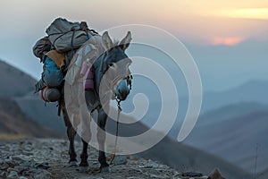 donkey carrying goods in the mountains.Generative AI