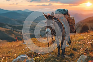 donkey carrying goods in the mountains.Generative AI