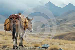 donkey carrying goods in the mountains.Generative AI