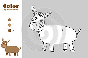 Donkey in cartoon style, color by number, education paper game for the development of children, coloring page, kids