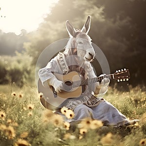 A donkey dressed as a hippie human plays the guitar in the meadow, generative AI