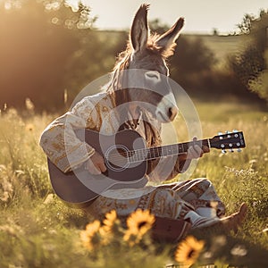 A donkey dressed as a hippie human plays the guitar in the meadow, generative AI