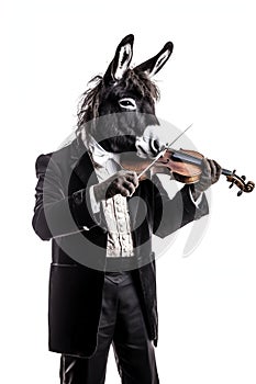 A donkey dressed as a human in a suit playing the violin, AI generative content