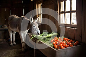 donkey enjoying frosty carrots in a barn