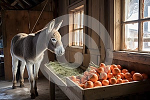 donkey enjoying frosty carrots in a barn