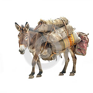 donkey equipped with a seat and luggage isolated.Generative AI