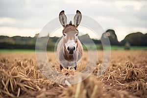 donkey in a field with perked ears facing camera