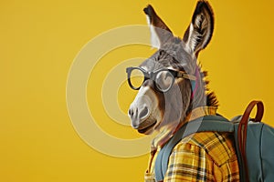 Donkey in glasses as a student with backpack, on yellow background.