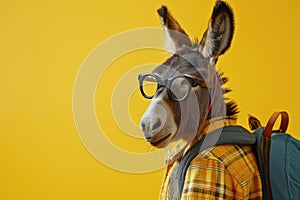 Donkey in glasses as a student with backpack, on yellow background.