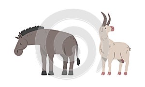 Donkey and Goat as Hoofed Mammal and Farm Animal Vector Set