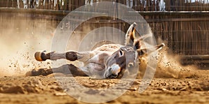 A donkey indulges in playful rolling in the dust, exuding joy and delight in its rural surroundings