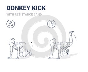 Donkey Kick Woman Home Workout Exercise Guidance Outline Concept Illustration.