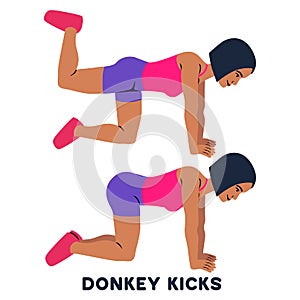 Donkey kicks. Sport exersice. Silhouettes of woman doing exercise. Workout, training