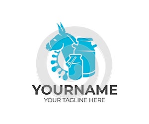 Donkey, milk cans and splash milk, logo design. Dairy farm, milk farm, cattle breeding and stock raising, vector design