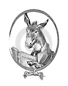 Donkey philosopher character or goat thinker. Hand drawn Animal person portrait. Engraved monochrome sketch for card photo